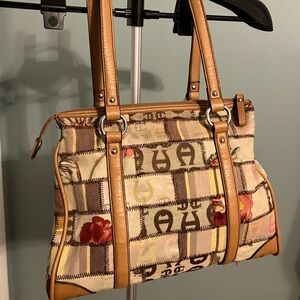 Etienne Aigner Patchwork Logo Canvas Leather Trim Shoulder Tote Bag